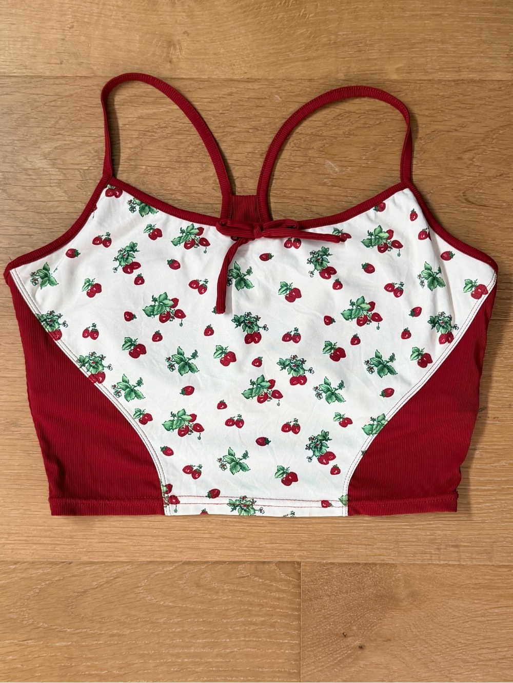 Lacemade Strawberry Print Coquette Bow Front Cami Bikini Top Red White L